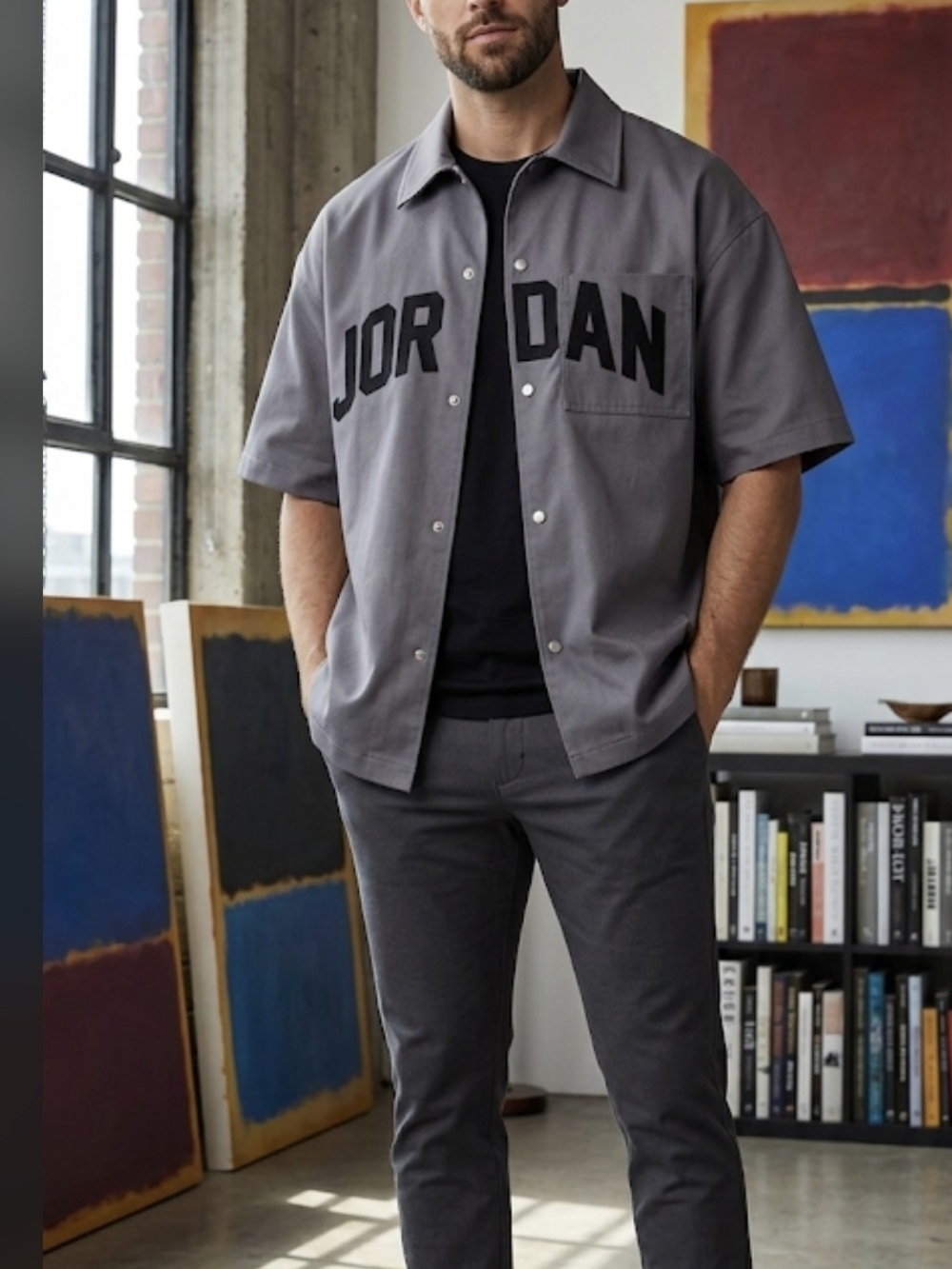 Jordan Grey Short-Sleeve Button Shirt with Bold Logo